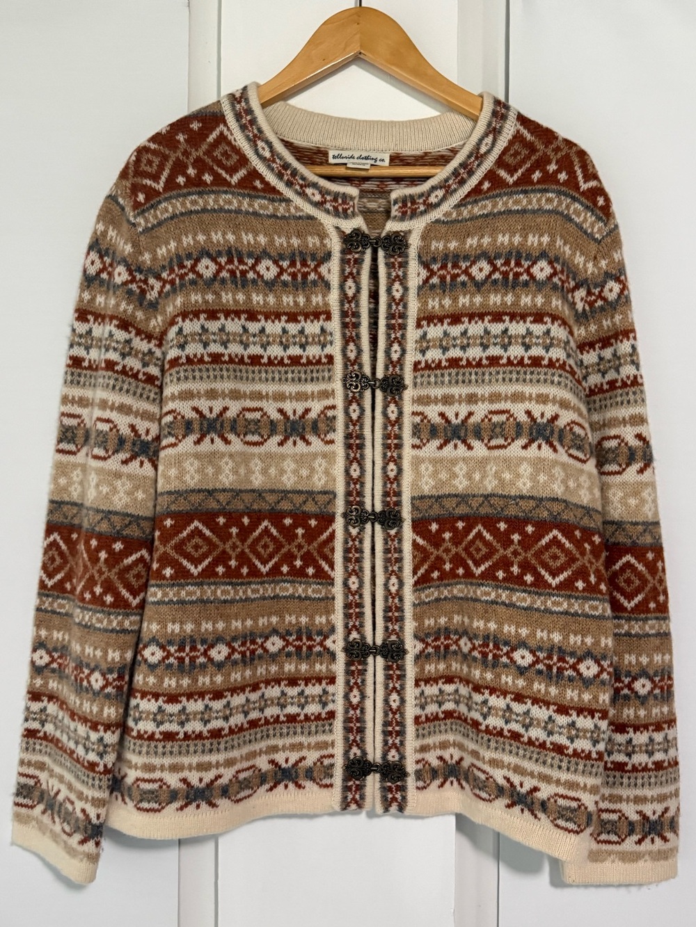 Telluride Wool Cardigan Fair Isle Women Sweater Wool Hooks Crew Neck szXL